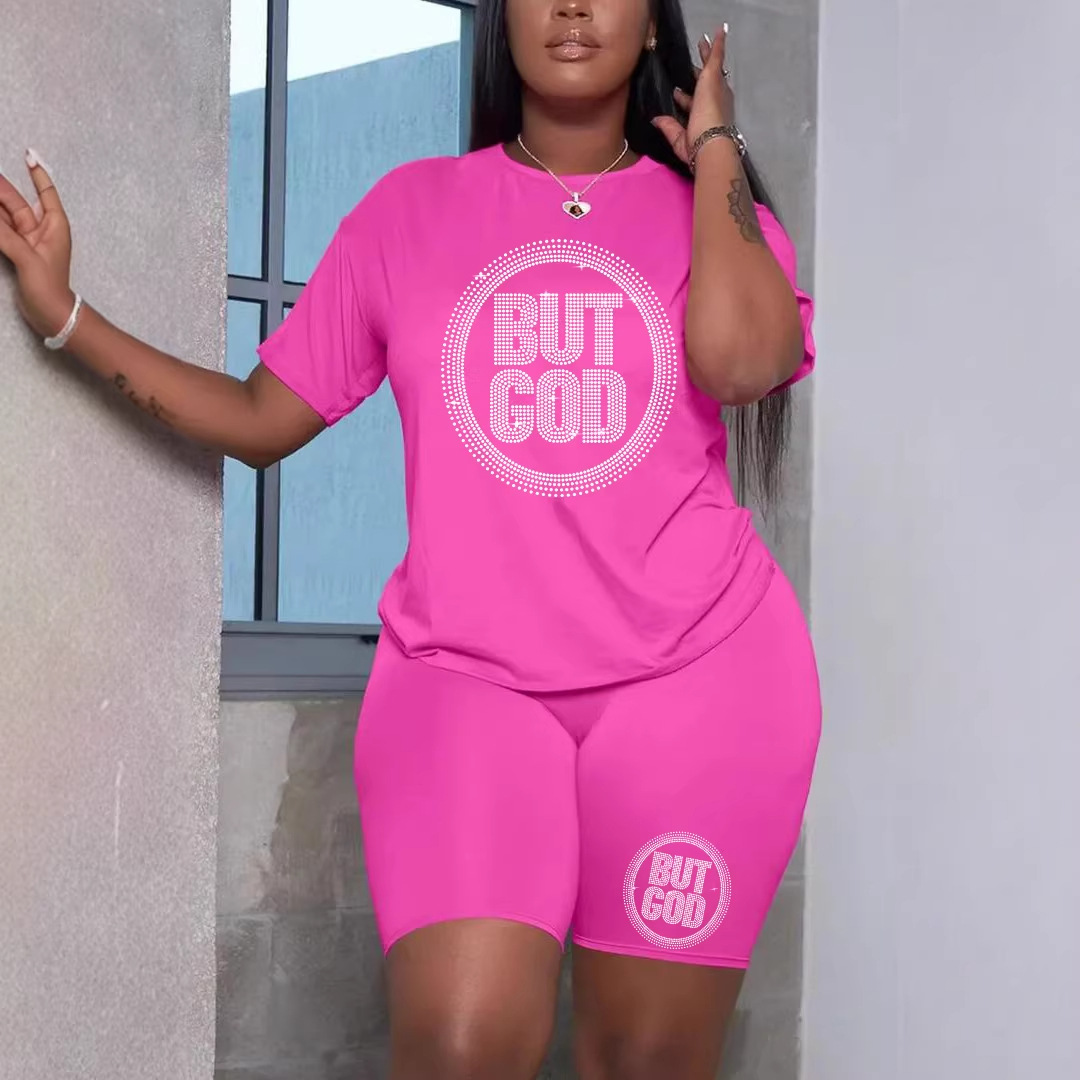 2022亚马逊独立站跨境欧美大码女装T恤短裤两件套