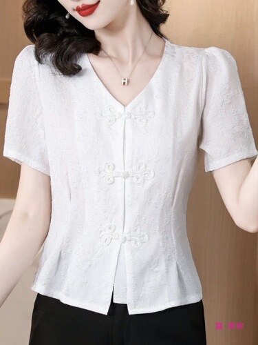 New Chinese-style collar embroidered shirt for women's summer 2025 new style waist waist to show slimming short shirt, national style short-sleeved shirt