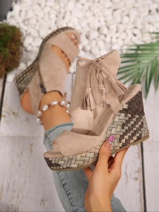 S 45098 Fringe Platform Peep Toe Sandals ���K�¸���Ь