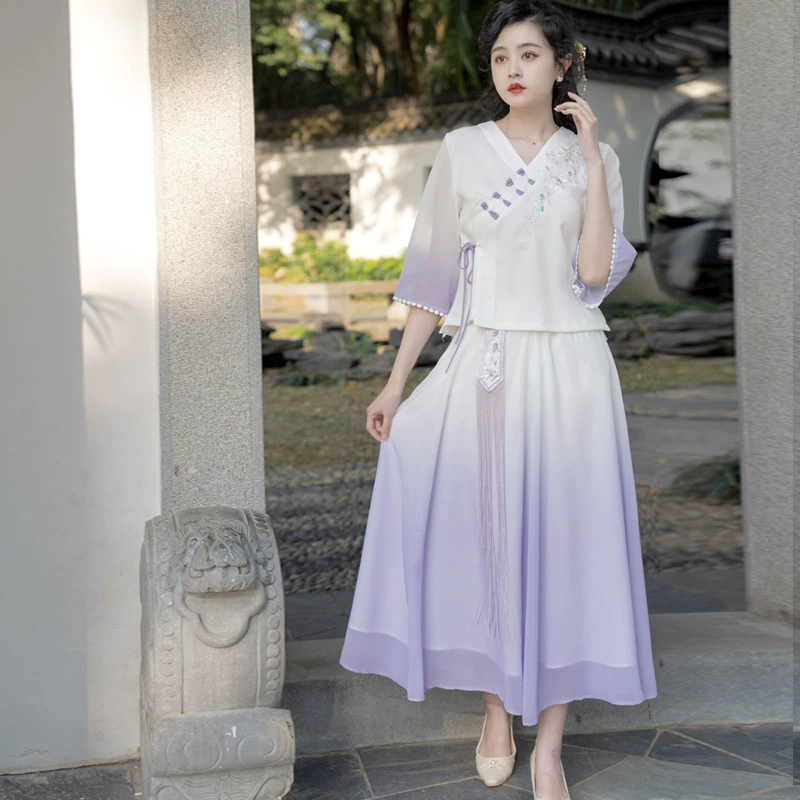 + 9671 реальный выстрел Новый китайский стиль вышивка Наклонный лацкан с семиконечным рукавом Куртка шифоновая большая юбка-качели костюм подруги