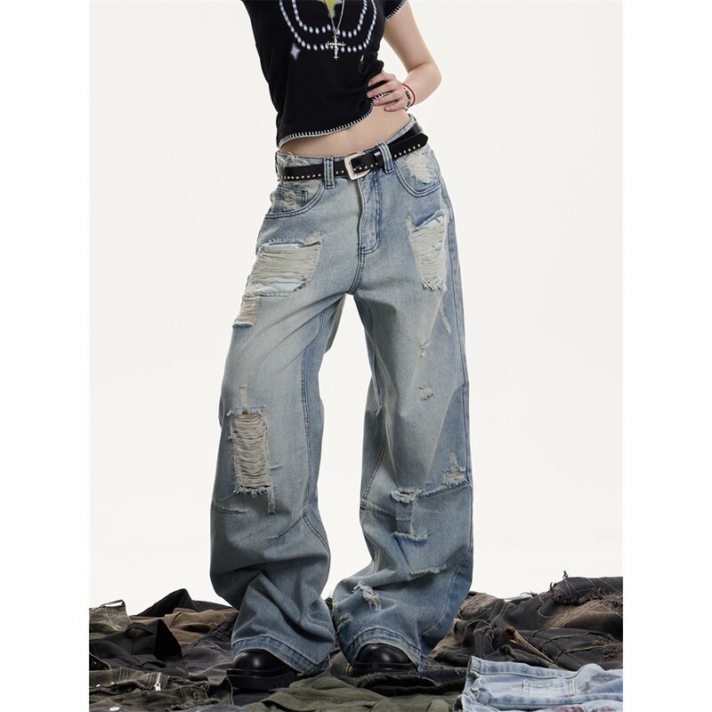 American Retro Washed Distressed Ripped Jeans for Women, Low-Waisted, Loose, Drapey, Straight-Leg, Wide-Leg, Floor-Length Pants, Trendy