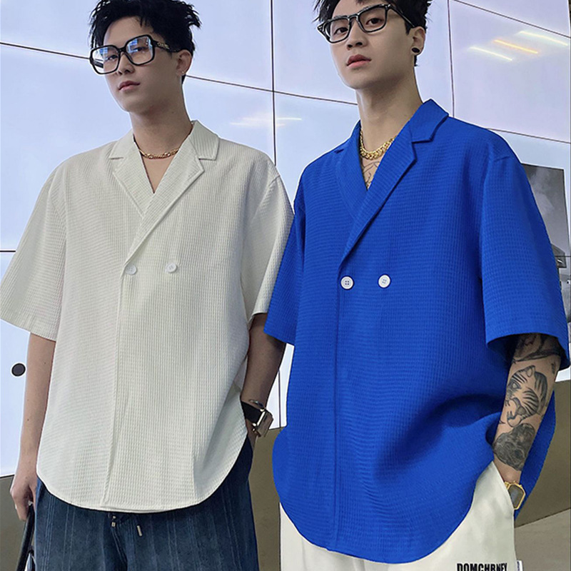 Summer Klein Blue Stylish Short-Sleeve Shirt for Men, Fashionable Waffle Pattern Flat Collar Suit Shirt for Men