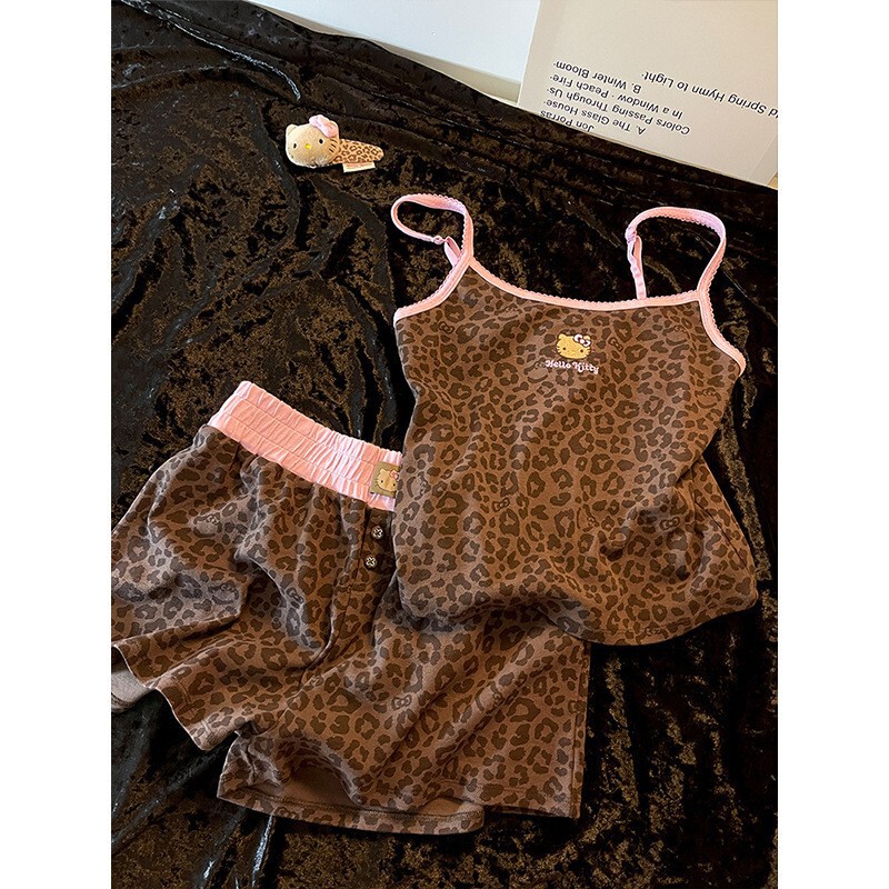 复古辣妹豹纹Hello Kitty印花睡衣女秋季新款长袖长裤家居服套装|undefined