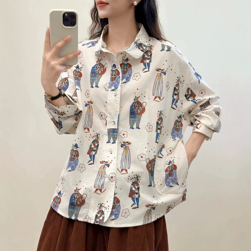 82431 Western Style Age-Reducing Character Printed Double Flap Pocket Pants Long-Sleeved Shirt for Women 2025 Autumn New Loose Top
