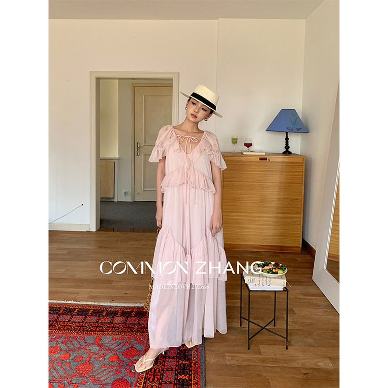 Youji Cz Zhang Dreamy Princess Dress French Elegant Long Dress V-Neck Ruffle Dress for Women C26275