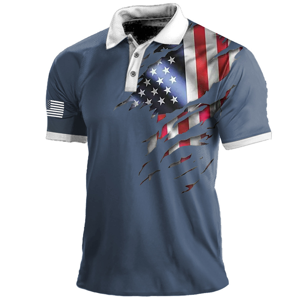 2023 Transfronterizo europeo y americano Amazon 3D impresión digital solapa de manga corta jersey casual para hombre camiseta con botones POLO