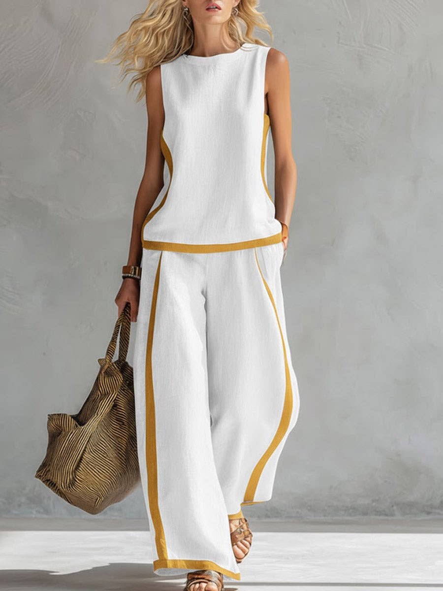 Women's Color-Block Wide-Leg Jumpsuit Casual Summer Two-Piece Set Sleeveless Comfortable Lounge Outfit with Contrast Trim_ecoleips.com