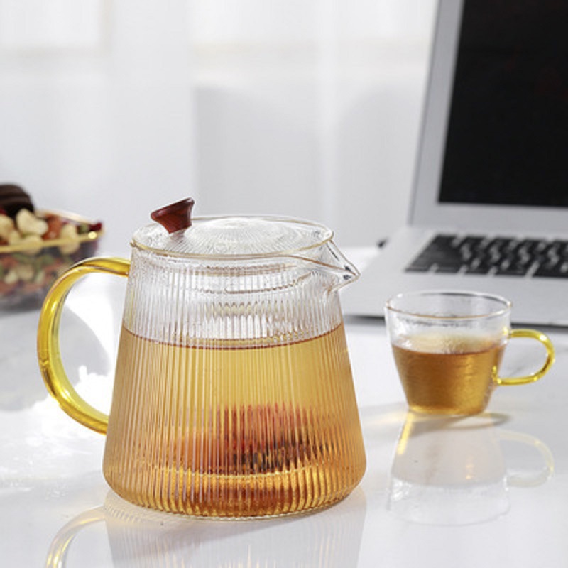 Tetera de vidrio climatizada engrosada patrón vertical tetera de filtro hogar Kung Fu fruta flor tetera juego de té traje