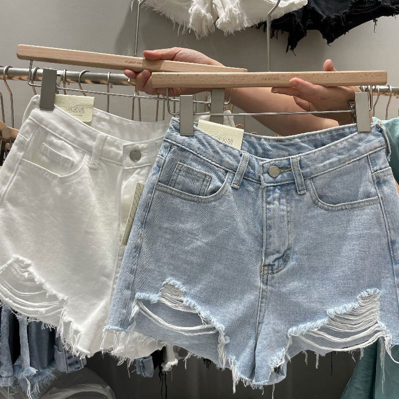 Light-colored ins Style Hot Girl Denim Shorts Women's Thin Summer Loose Large Size Chubby Girl's Burred Wide Leg A- line Hot Pants