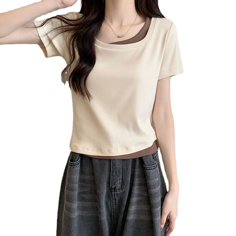 Camiseta de manga corta para mujer verano 2024 falso diseño de nicho de dos piezas, todo fósforo, estilo puro, delgado, top corto, delgado, delgado