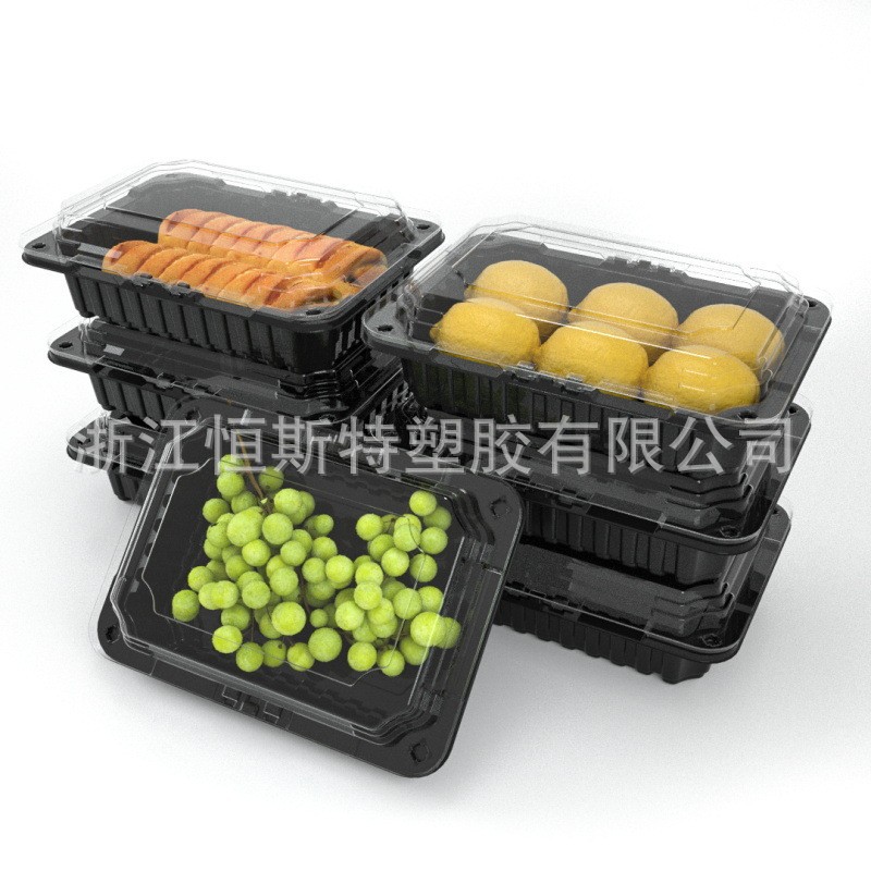 bandeja fresca desechable con cubierta caja de plástico engrosada caja de frutas y verduras caja de embalaje negro de carne de cerdo
