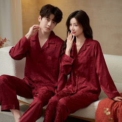 2025新型結婚新婚カップルパジャマ赤い氷糸ジャカード男女本命年長袖ホームウェアセット