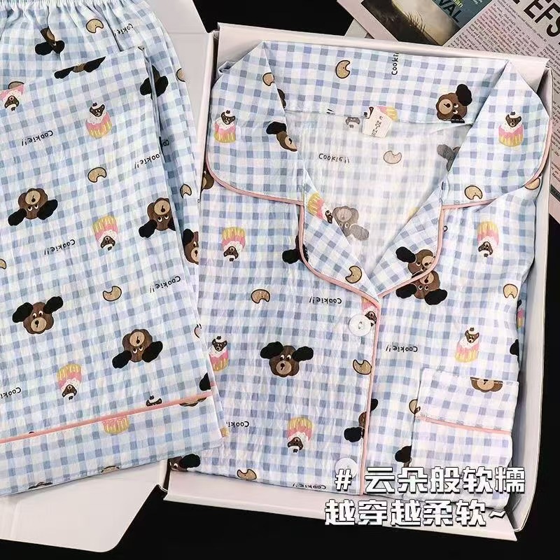 Al por mayor transfronterizo nuevo pijama de mujer pantalones de manga larga nubes de algodón lindos dibujos animados estudiantes cardigan con solapa cubierta de ropa para el hogar