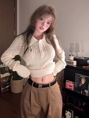 大码胖MM翻领麻花软糯毛衣女秋冬季新款修身显瘦设计感针织衫上衣