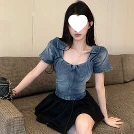 2026夏季新款时尚洋气时髦精法式大方领短袖款泡泡袖短款上衣女潮