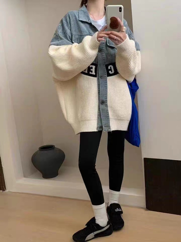 欧洲站宽松大版牛仔拼接针织开衫秋冬新款时尚休闲百搭毛衣外套女|undefined