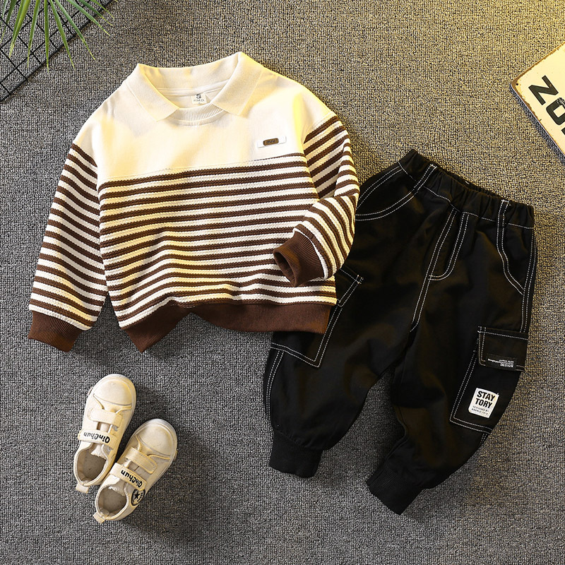 6086 traje de suéter para niños primavera y otoño 2024 nueva camisa POLO a rayas para niños traje de dos piezas de otoño para bebés