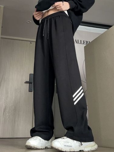 Spring and Autumn Loose and versatile straight-tied feet Gray Heavy Couple Pants Men's Drawstring Striped High Street Casual Sports Pants