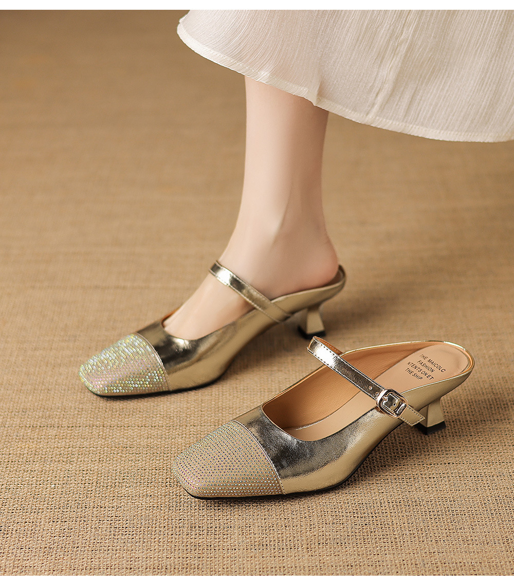 Sandal nữ mũi vuông bít mũi hở gót, gót 5 cm, phong cách tiểu hương — màu vàng chi tiết 7