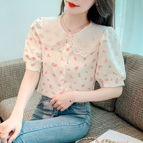 Lace Baby Collar Short Sleeve Floral Print Women's Summer Year Loose Slimming Chiffon Open Top Fashion