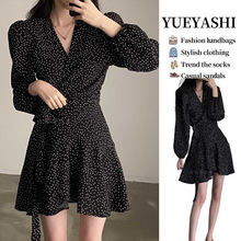 黑色圆点波点碎花长袖连衣裙子女秋季2023新款茶歇法式赫本风秋装