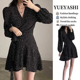 黑色圆点波点碎花长袖连衣裙子女秋季2023新款茶歇法式赫本风秋装