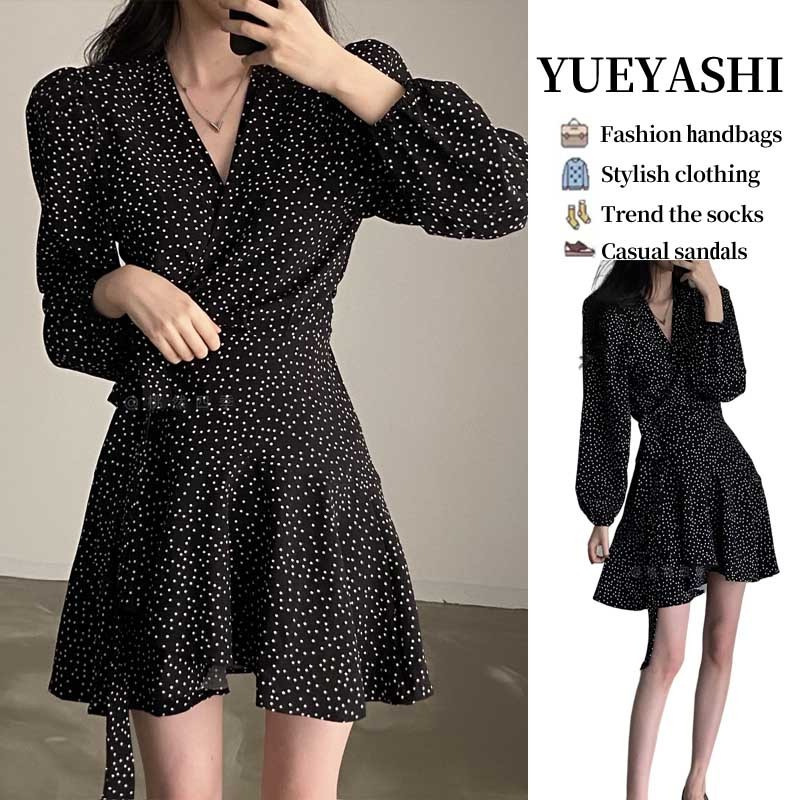 Black Polka Dot Dot Floral Long-sleeved dress Children's Autumn 2023 New Tea Break French Hepburn Style Autumn Dress