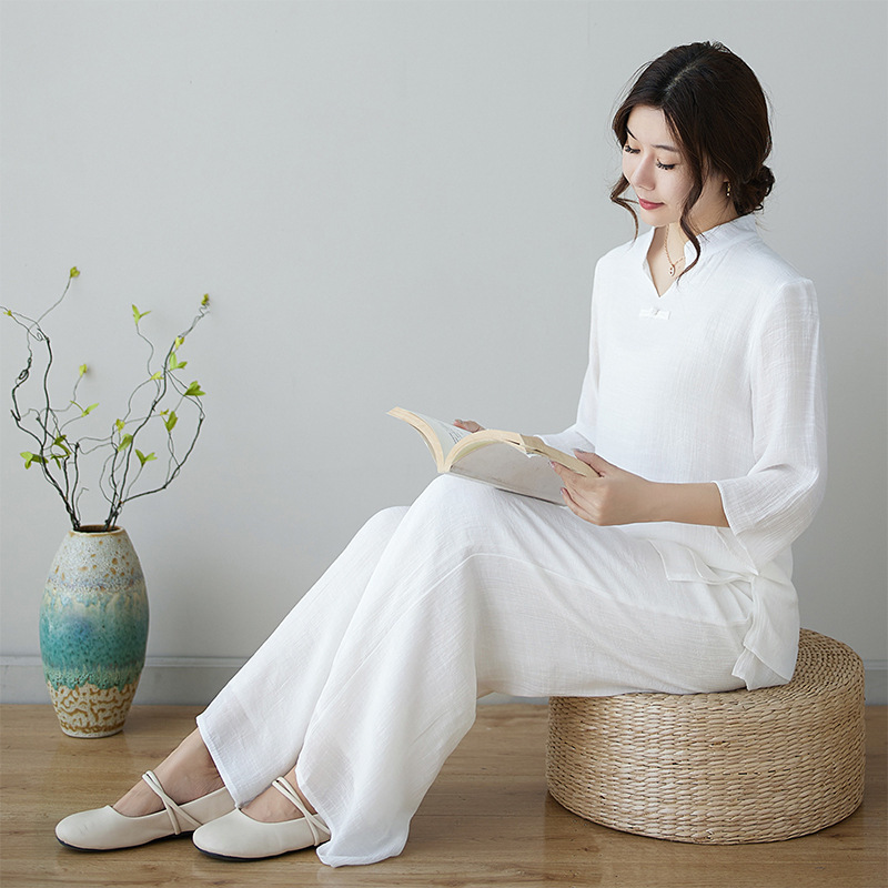 新しい夏の新しいエスニックスタイルの禅瞑想トレーニング服ツーピースセット中国風ヨガヒーリング服瞑想茶服|undefined
