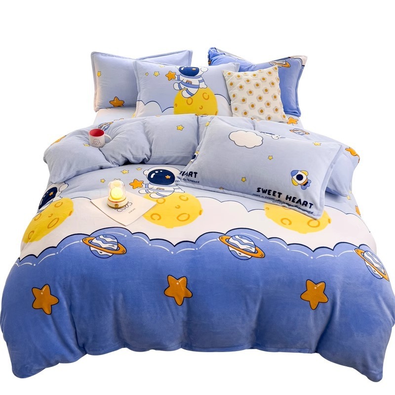 Cubierta de edredón de lana de leche de invierno de dibujos animados para niños pieza individual 150x200 terciopelo de coral más terciopelo grueso 1.5 juego de cama de cuatro piezas
