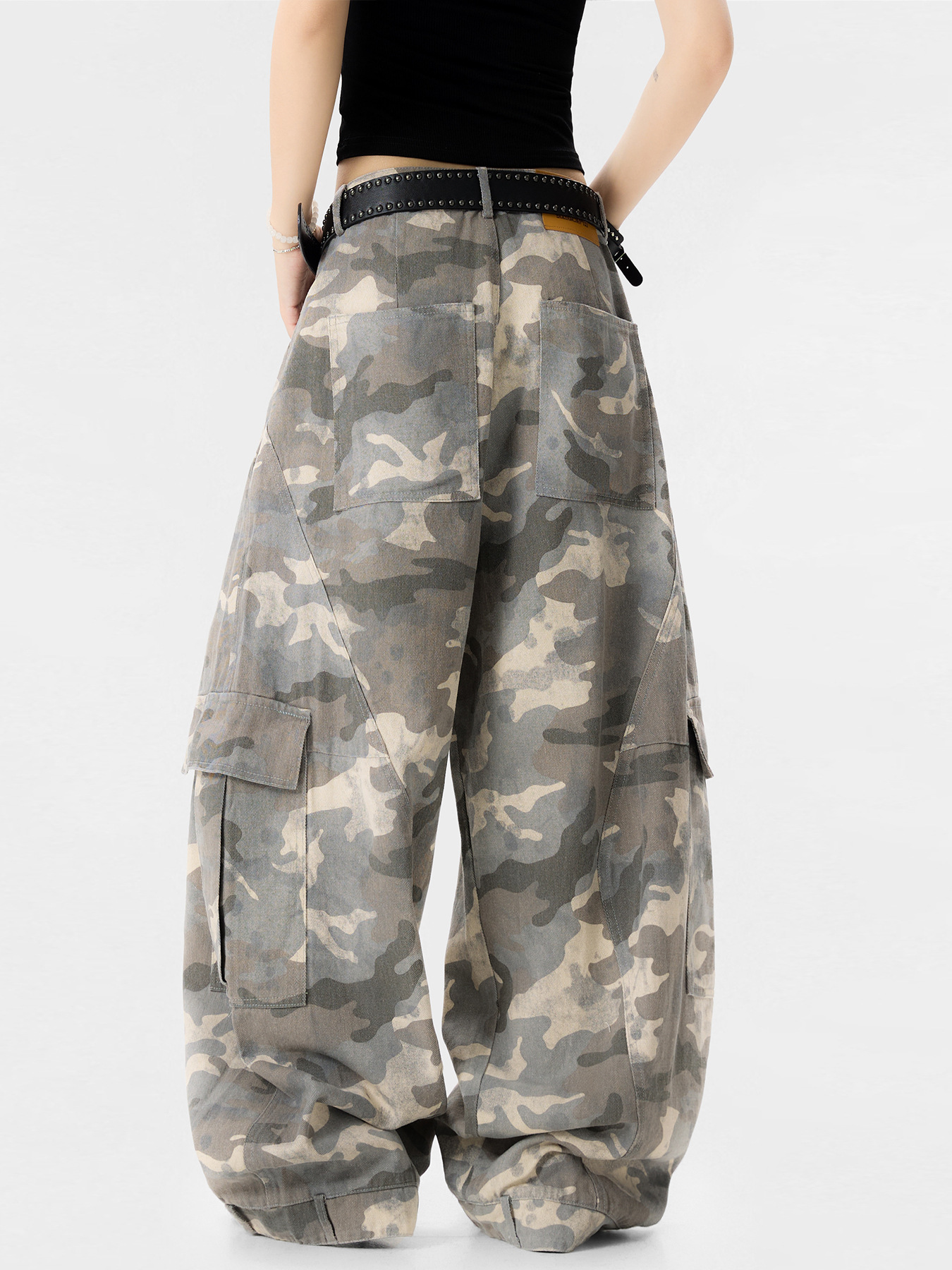 OREETAアメリカのレトロな広脚の迷彩ズボンのカーブナイフの工装ズボンの耐摩耗性の汚れの高い街のカジュアルなズボンの男女