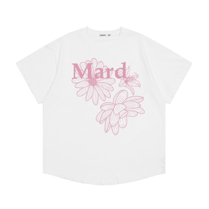 韓国マルディトレンディな半袖フラワープリントゴールドハイシルバー夏ラウンドネック純綿ルーズTシャツトップトレンディ|undefined