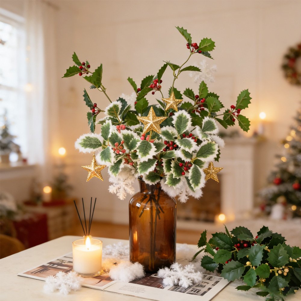 Hoja de Navidad bayas imitación verde fruta roja decoración del hogar árbol de Navidad decoración de mesa diy ramo de fiesta