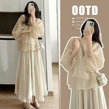 孕妇套装夏装高级感雪纺休闲上衣托腹不规则半身裙两件套春秋春装