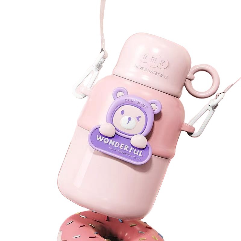 Vaso aislante de acero inoxidable 316 para niños con pajita emergente, correa cruzada, botella de agua portátil unisex.