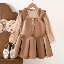 Children's clothing  SHEIN跨境女童套装咖色长袖衫马甲短裙套装