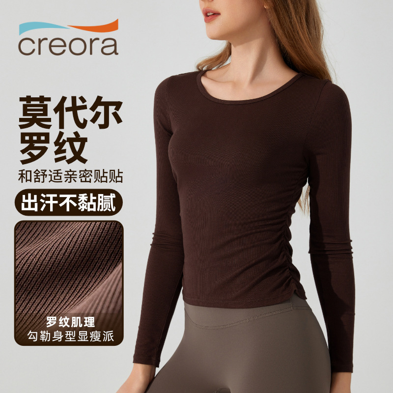 European and American Autumn and Winter Naked Yoga Clothing Pleated Slim-fit Skin-friendly Round Neck Casual Sports Top Women's Fitness Long-sleeved T-shirt European and American Autumn and Winter Naked Yoga Clothing Pleated Slim-fit Skin-friendly Round Neck Casual Sports Top Women's Fitness Long-sleeved T-shirt