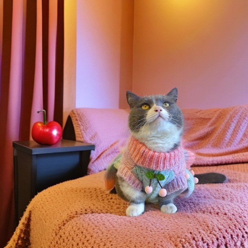 Mačka jeseň a zima nové roztomilé čerešňové tielkové šaty šteniatko malý a stredne veľký bišónik Yorkshire maltézsky gradient farby