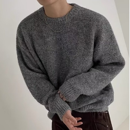 Autumn/Winter New Korean Style Trendy Retro Solid Color Soft Sweater for Men Loose Fit Round Neck Fleece Knit Top