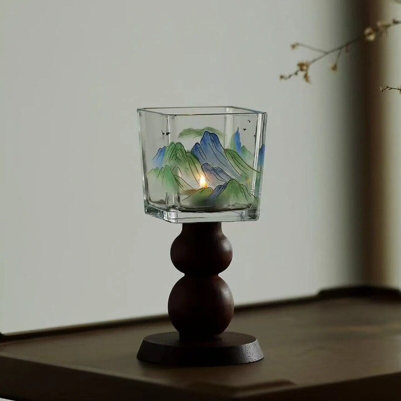 Square Candle Holder Home Desktop Decoration New Chinese Style Landscape Glass British Style Wooden Incense Base Ornament Square Candle Holder Home Desktop Decoration New Chinese Style Landscape Glass British Style Wooden Incense Base Ornament
