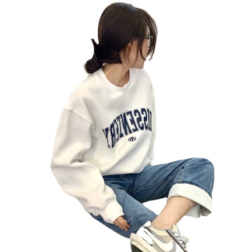 Women's Fall Sweatshirt with Round Neck, Alphabet Print, Loose Fit, Student Style Outerwear, Trendy