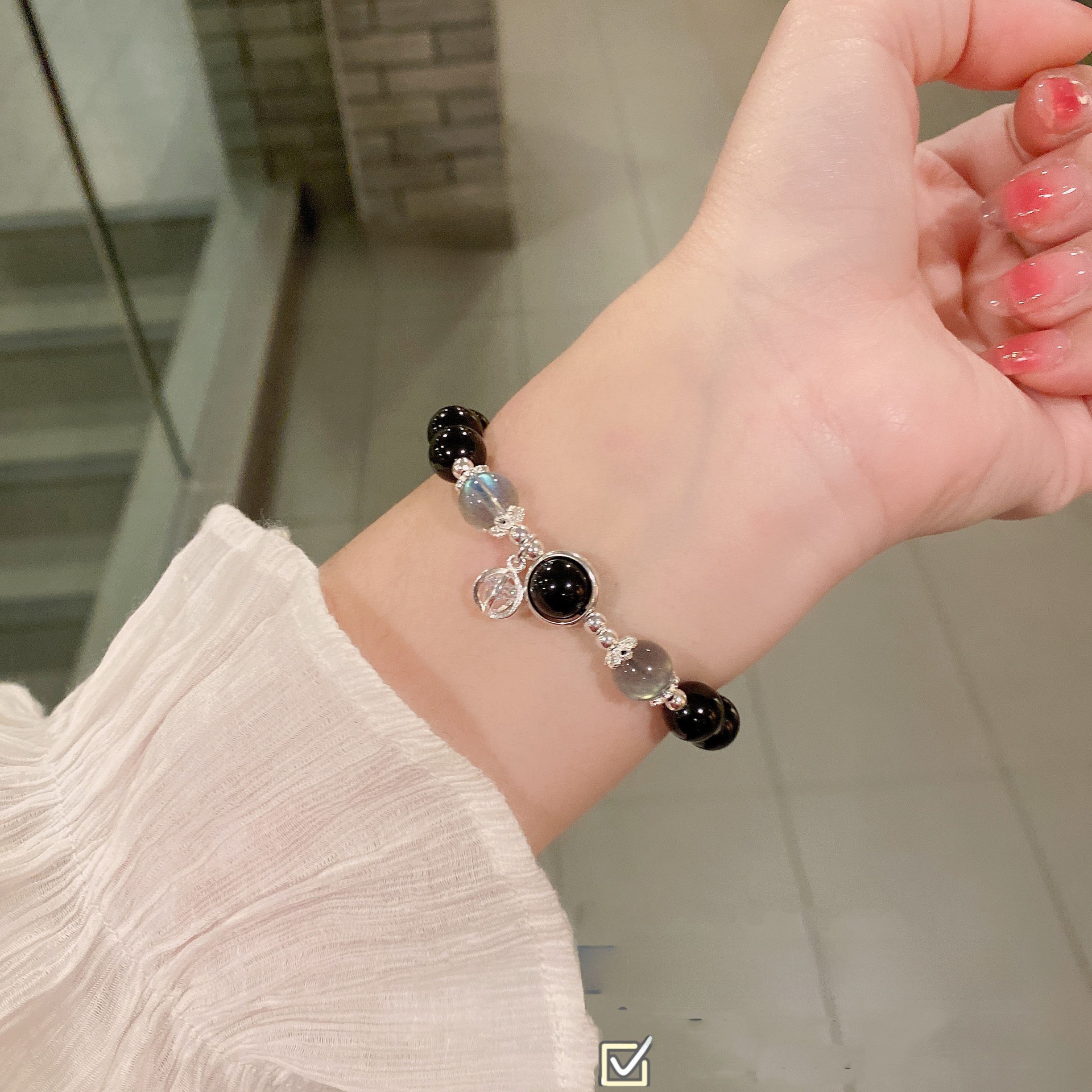 仿黑曜石手鍊ins小眾設計感新款水晶女生手串簡約復古風閨蜜禮物