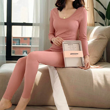 小熊套装竖条纹保暖内衣女螺纹圆领恒温修身秋衣秋裤内衣套秋冬季