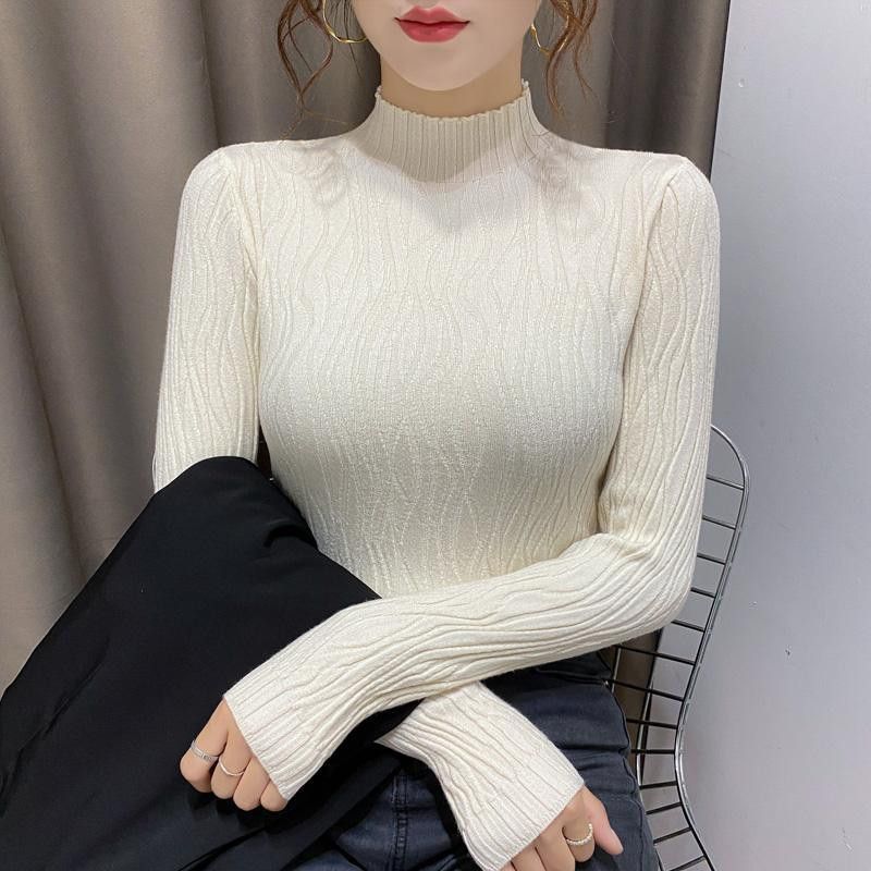 Suéter de fondo de manga larga con cuello alto para mujer 2023 otoño e invierno nuevo top de adelgazamiento slim fit Camisa de fondo de color sólido de estilo occidental image 6