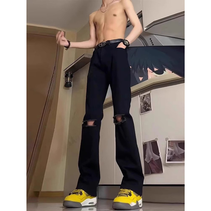 American-style High Street Black Ripped Jeans Men's Summer Thin Trousers Mid-waist Slimming Scimitar Straight Pants