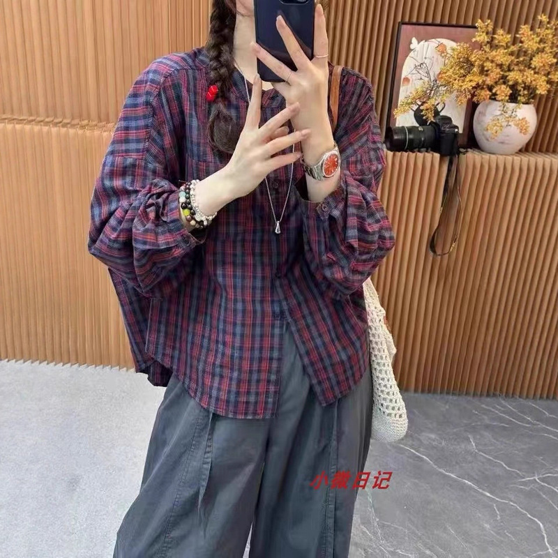 美式复古蓝色格子衬衫外套女2025秋季新款慵懒衬衣宽松长袖上衣潮|undefined