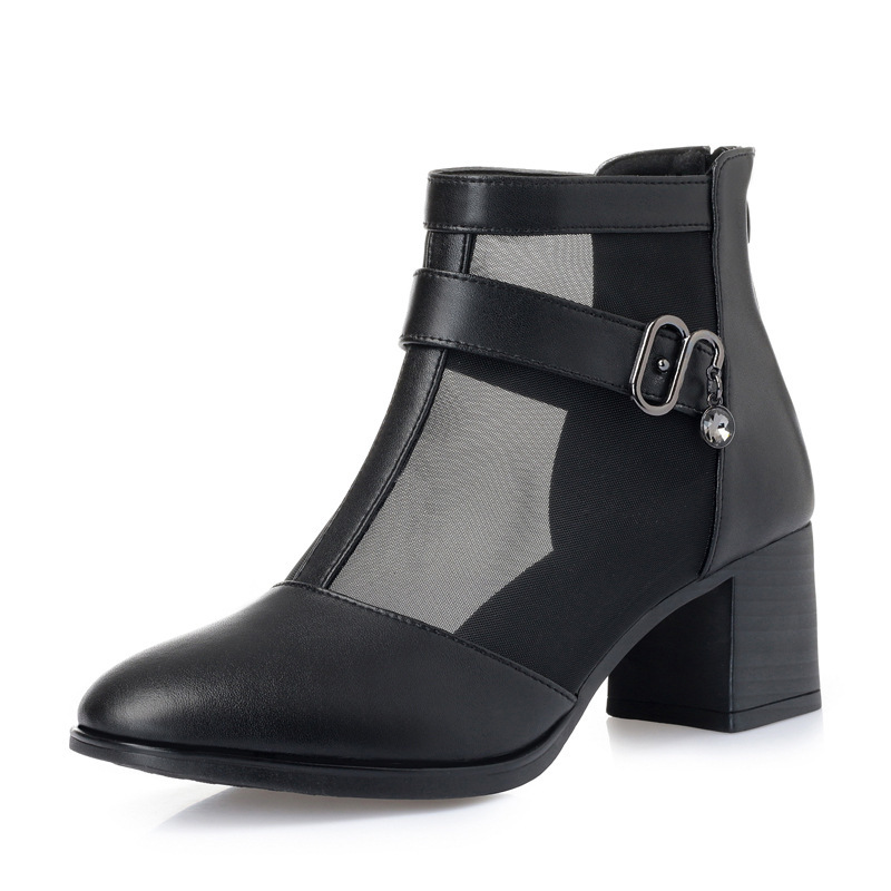 Boot lưới nữ cổ thấp gót vuông da thật hở mũi — màu đen
