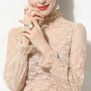 半高领网纱修身性感内搭打底衫打皱单层蕾丝衫长袖t恤厂家直销