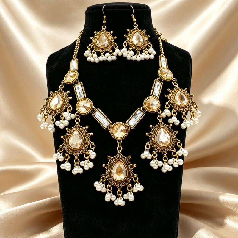 N975 European and American Retro Exaggerated Champagne-Colored Water Drop Jewelry Set Vintage Women's Antique Gold Necklace and Earrings N975 European and American Retro Exaggerated Champagne-Colored Water Drop Jewelry Set Vintage Women's Antique Gold Necklace and Earrings