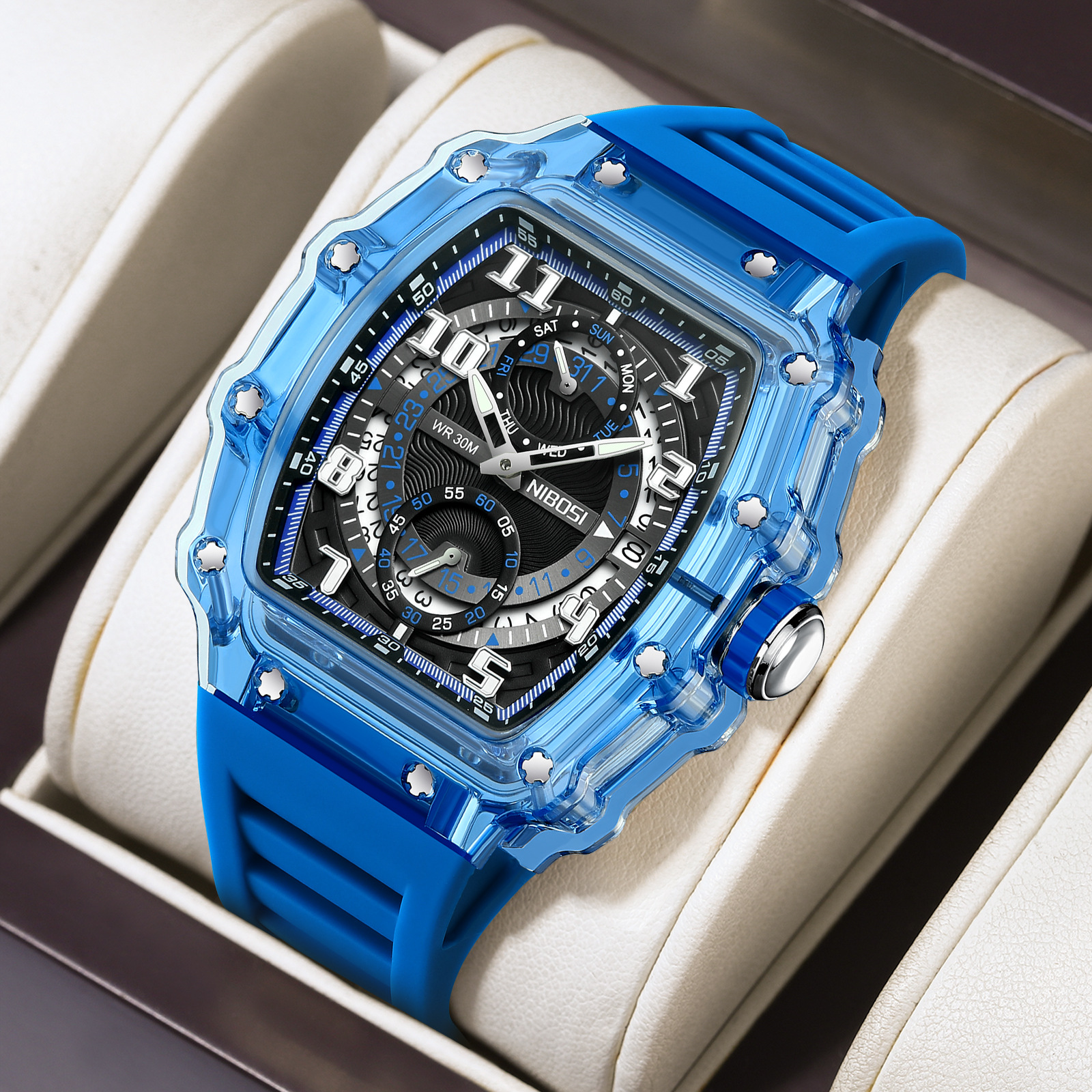 Nibosi Foreign Trade Transparent Barrel-Shaped Waterproof Hollow Men's Watch Fashion Men's Watch Live Broadcast Hot Model Manufacturer Wholesale