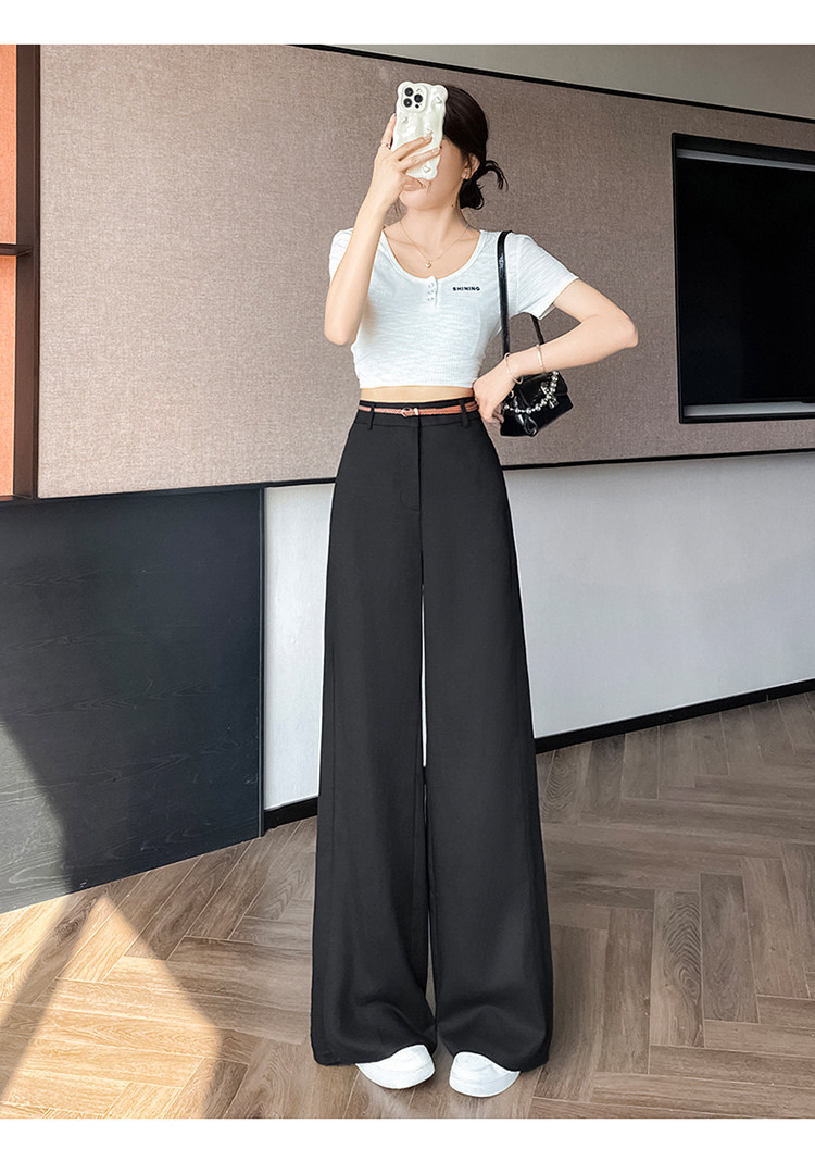 Quần tây nữ ống đứng cạp cao suông rộng dáng dài — Màu đen thông thường chi tiết 26